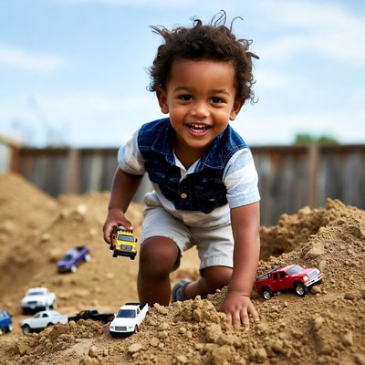 African-American toddler playing toy cars sand