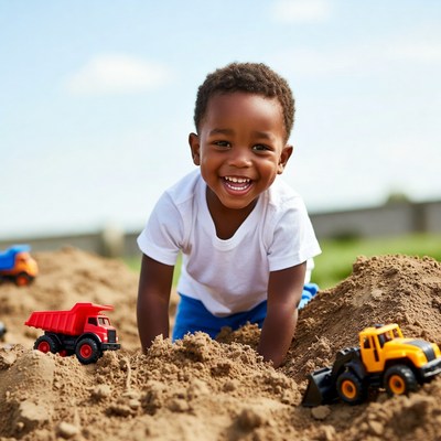 African-American boy playing with toy trucks