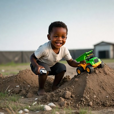 African-American boy playing with toy trucks