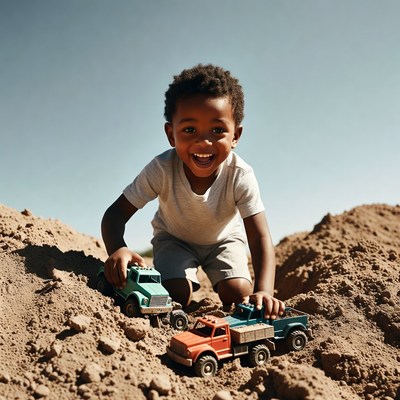 Black boy playing with toy trucks