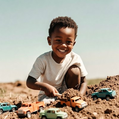 African-American boy playing toy cars in dirt