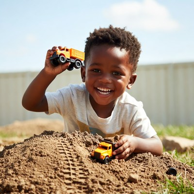 African-American boy playing with toy dump trucks