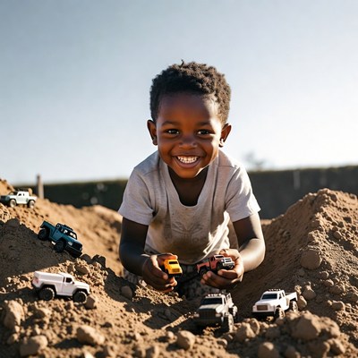 African boy playing toy trucks sand