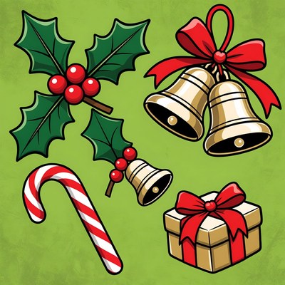 Christmas Holly Bells Candy Cane Gift Clipart