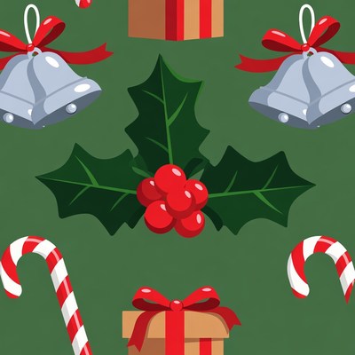 Christmas Holly Bells Candy Canes Seamless Pattern