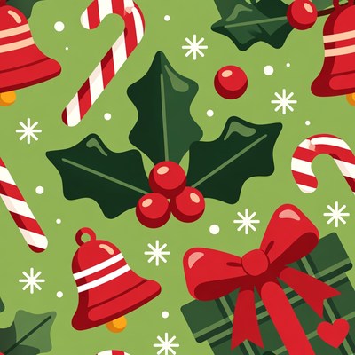 Christmas Holly Candy Canes Bells Seamless Pattern