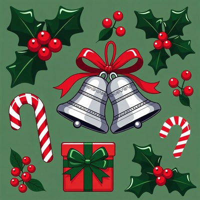 Christmas Holly Bells Candy Cane Clipart
