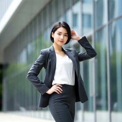 Asian woman in suit posing outside