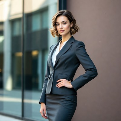 Woman in gray business suit outdoors