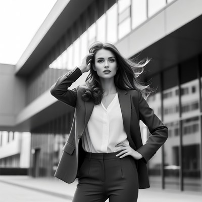 Business woman posing outside modern building
