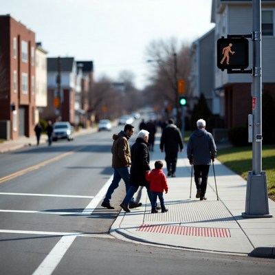Pedestrians crossing street at crosswalk