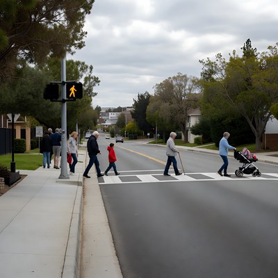 Pedestrians crossing street at crosswalk
