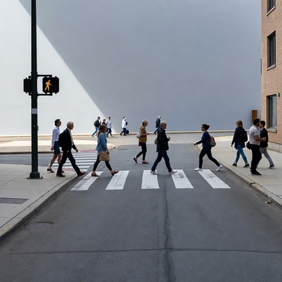 Crowd crossing street at pedestrian crosswalk