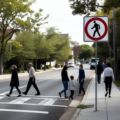 Pedestrians crossing street at crosswalk