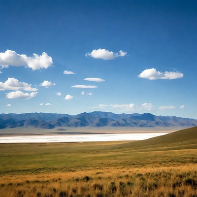 Salt Lake with Mountains and Grassland