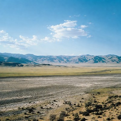 Vast green steppe with distant mountains