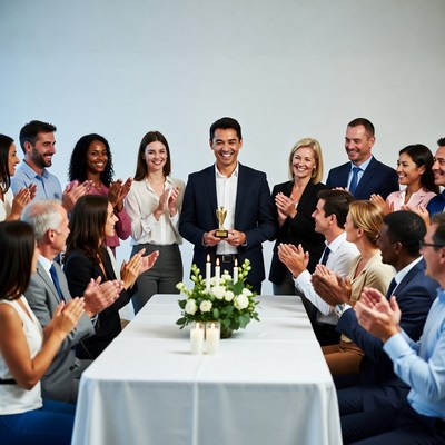 Man holding trophy with clapping colleagues