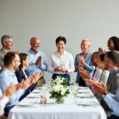 Woman receiving award from clapping colleagues