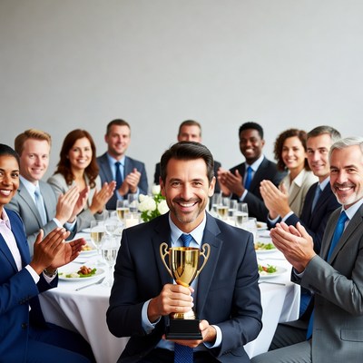 Man holding trophy at business dinner