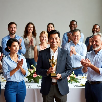 Man holding trophy with applauding colleagues