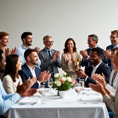 Diverse team applauding trophy winner