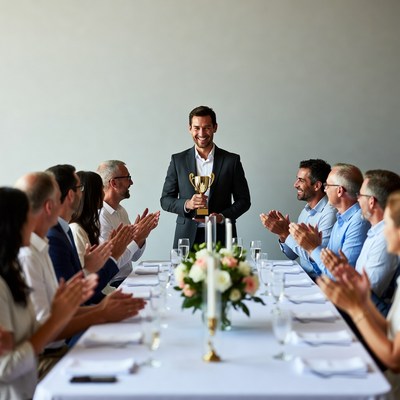 Man holding trophy at conference table