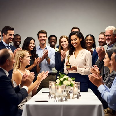 Woman receiving award from clapping colleagues