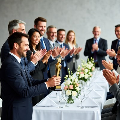 Man holding trophy with clapping colleagues