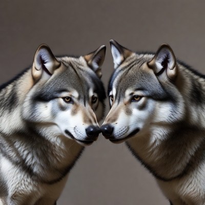 Two Gray Wolves Noses Touching