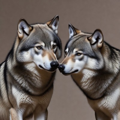 Two gray wolves nuzzling noses