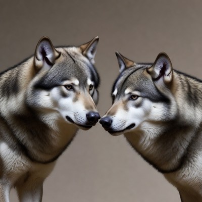 Two wolves noses touching
