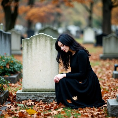 Woman kneeling at gravestone in autumn cemetery