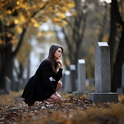 Woman kneeling at gravestone in autumn cemetery