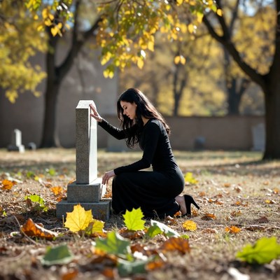Woman touching gravestone in autumn cemetery