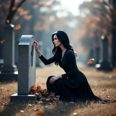 Woman kneeling at gravestone in autumn cemetery