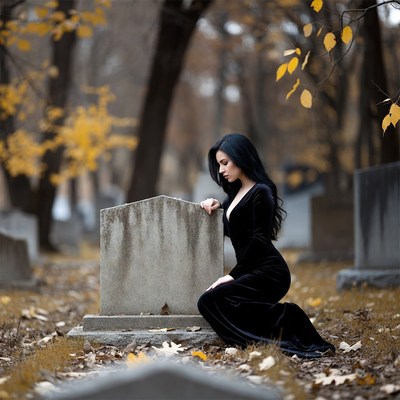 Woman kneeling at gravestone in autumn cemetery