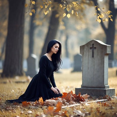 Woman kneeling at gravestone in autumn cemetery