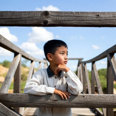 Asian boy leaning on wooden bridge