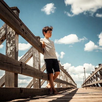 Boy leaning on pier railing