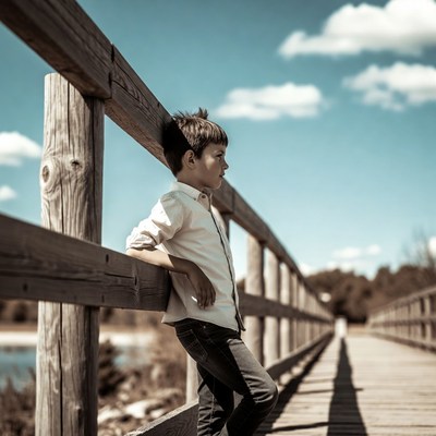 Boy leaning on wooden bridge railing