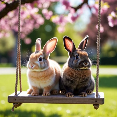 Two bunnies on swing with cherry blossoms