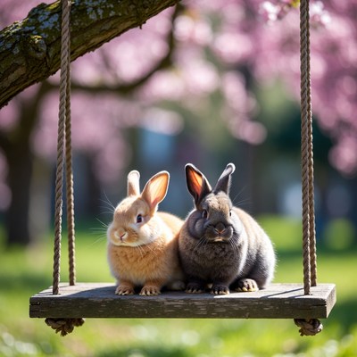 Two bunnies on swing under cherry blossoms