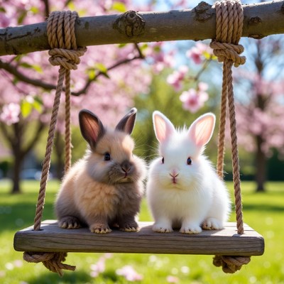Two bunnies on swing under cherry blossoms