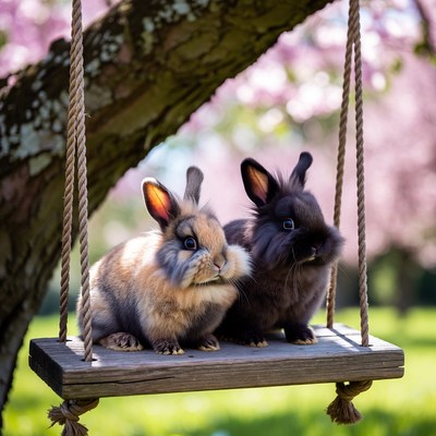 Two bunnies on swing under cherry blossoms