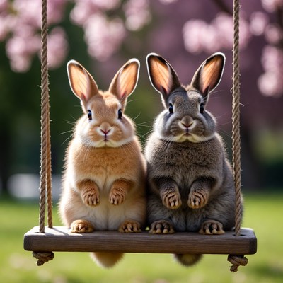 Two bunnies swinging on cherry blossoms