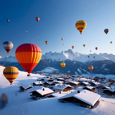 Colorful Hot Air Balloons over Snowy Alpine Village