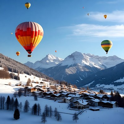 Colorful Hot Air Balloons over Snowy Alpine Village