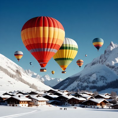 Colorful Hot Air Balloons over Snowy Mountains