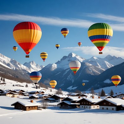 Colorful Hot Air Balloons over Snowy Mountains