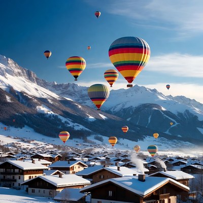 Hot air balloons over snowy mountains